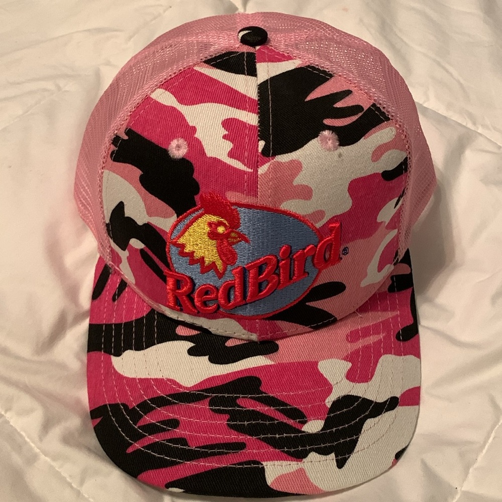 Redbird Pink Cammo Trucker Cap: New, Adjustable, Chicken Logo, Visor, Mesh Back